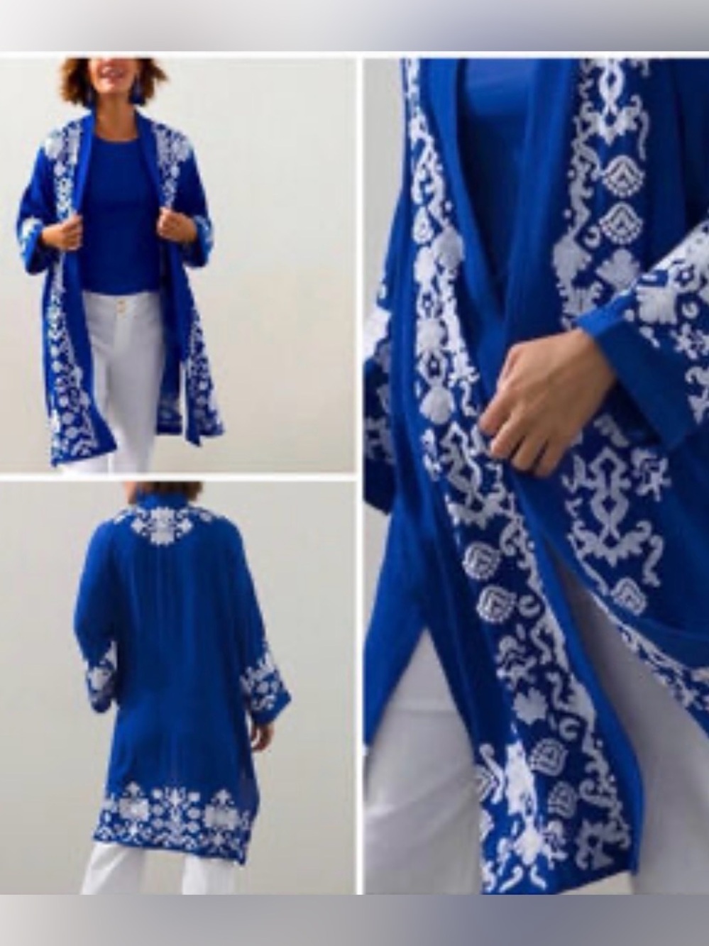 Chico’s Cobalt Blue Embroidered Open Front Kimono Cardigan Topper XL - Picture 2 of 9
